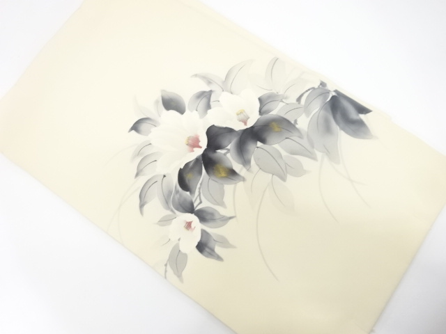 未使用品　作家物　塩瀬　手描き　椿模様　名古屋帯